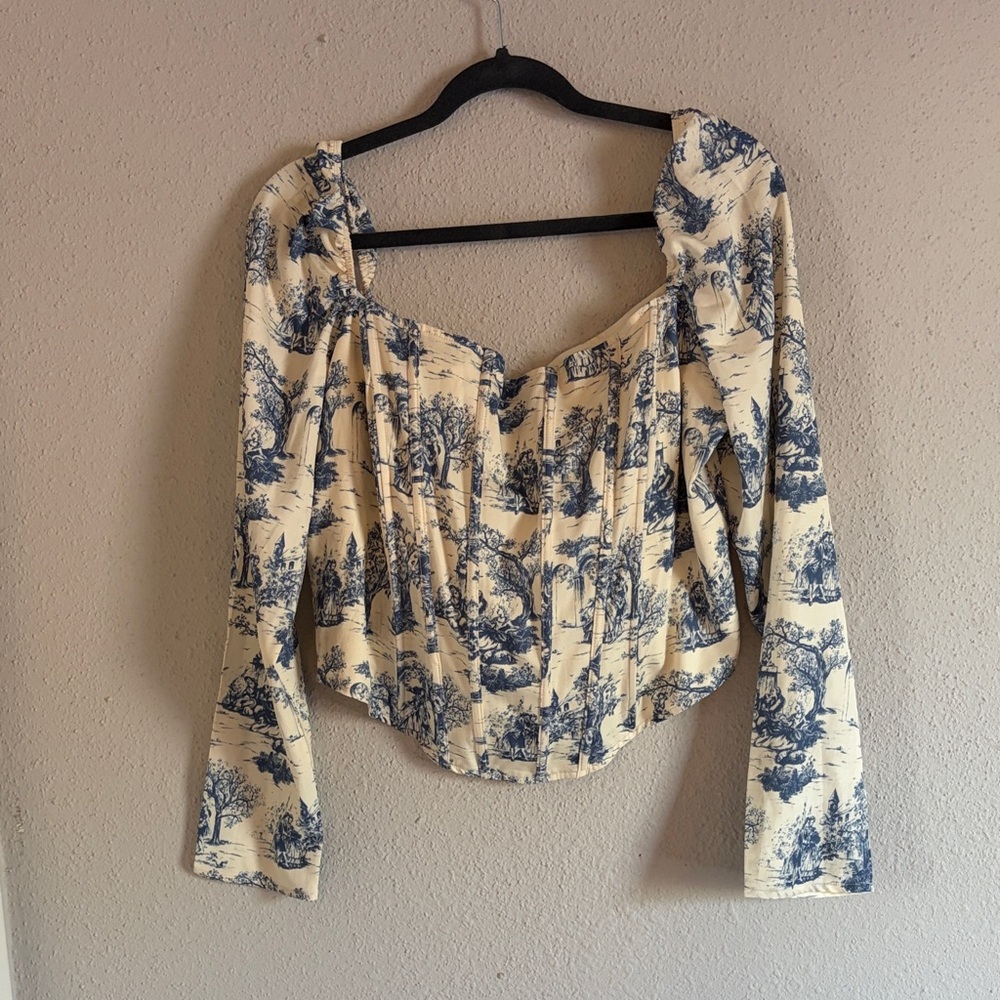 Fashion Nova Cream and Blue Blouse
